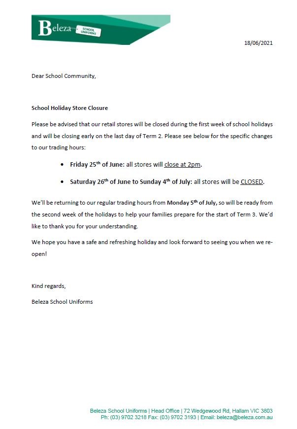 Letter to School  Community