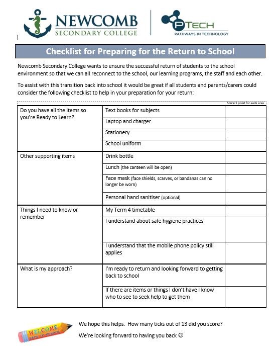 Checklist for returning to school